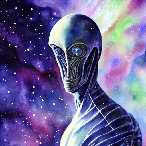 Image similar to alien extraterrestrial englishman in space. watercolor. dramatic. amazing painting. formal. beautiful. high resolution. highly realistic. close - up. trending on artstation