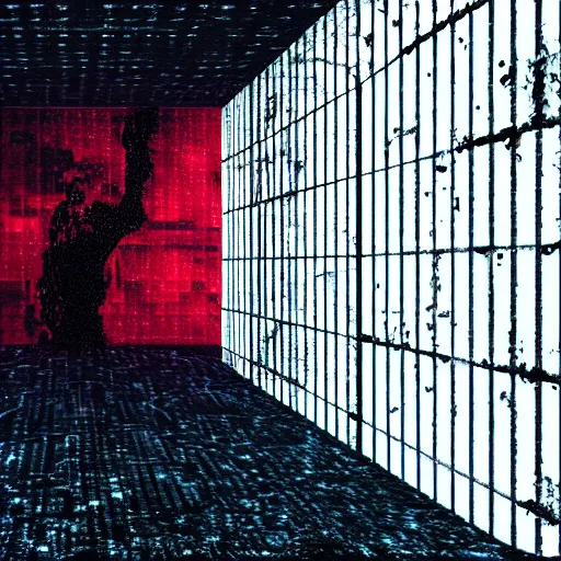 Image similar to cctv of an extremely dark empty abandoned building with glowing humanoid cryptid made out of television static, dark deep black shadows, red and black color contrast in the style of trevor henderson, liminal space, 3 d render, glitch effect