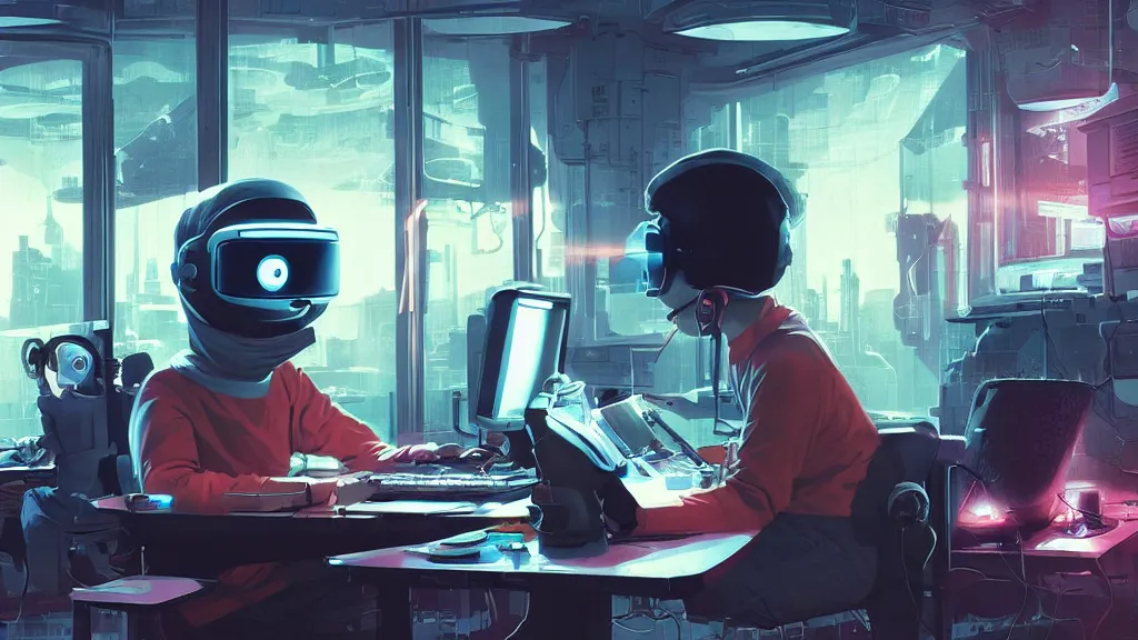 Prompt: happy hacker at a computer in a vr mask in a scifi movie, retrofuturism, by jamie hewlett, nuri iyem, james gurney, james jean, greg rutkowski, anato finnstark. pixar. hyper detailed, 5 0 mm, perfect faces