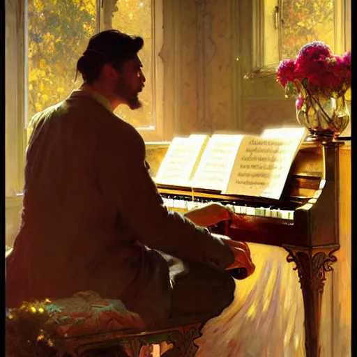 Image similar to attractive man, playing piano, painting by gaston bussiere, craig mullins, greg rutkowski, alphonse mucha