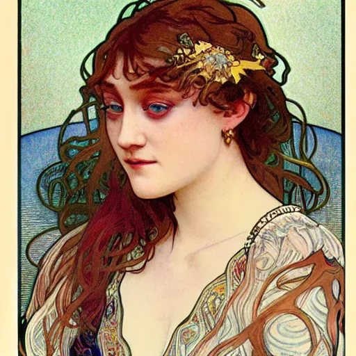 Image similar to dakota fanning portrait by louis - theophile hingre and alphonse mucha, realistic, sharp focus, zodiac signs, tarot cards, planets, ethereal, art nouveau, magic, moon, sun, crown, dreamy, royal, jewellery