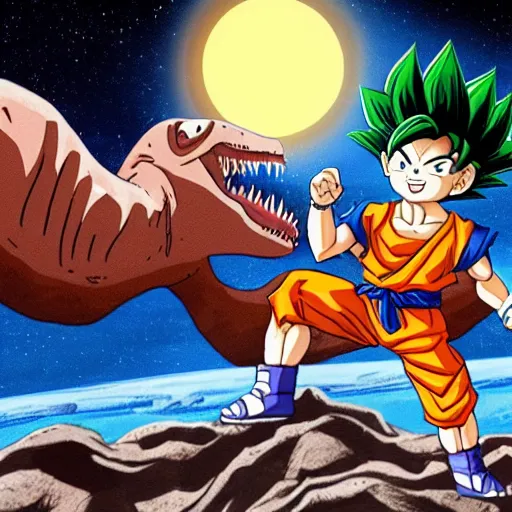 Prompt: son goku having a basketball match with a t - rex on the moon