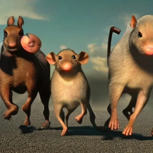 Prompt: 3 blind mice in cinematic race with horses of the apocalypse