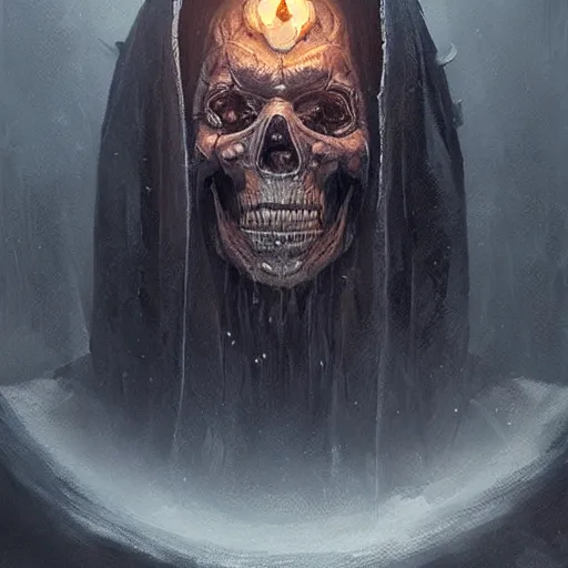 Prompt: an elder lich with a magnificent robe, portrait, realistic skull, sinister atmospheric lighting. highly detailed painting by greg rutkowski.
