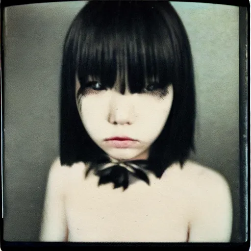 Image similar to atmospheric polaroid photograph of a japanese girl with emo makeup and long hair, bangs