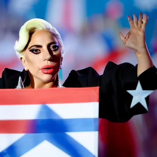 Image similar to Lady Gaga as president, Argentina presidential rally, Argentine flags behind, bokeh, giving a speech, detailed face, Argentina