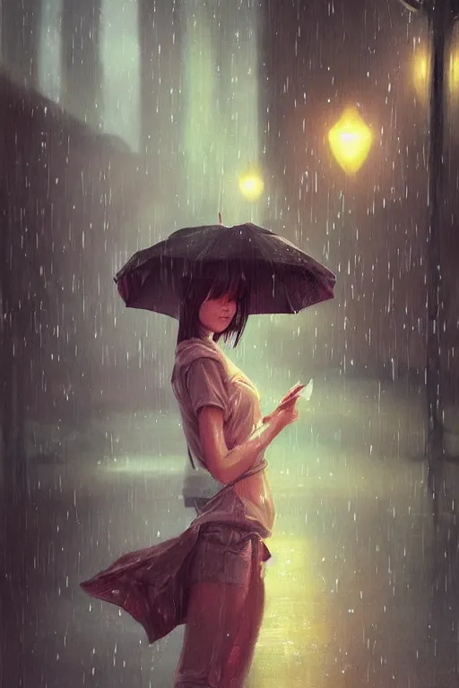 Prompt: cute girl in the rain, by wlop, concept art, poster, high quality