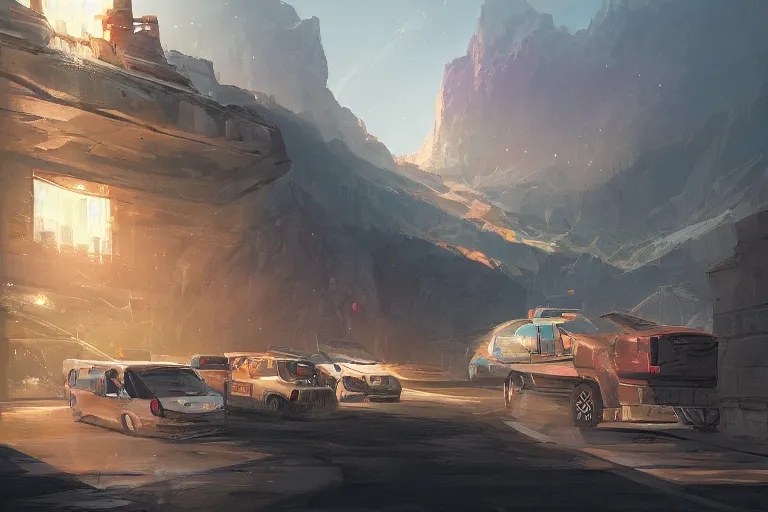 Prompt: A warehouse parking lot on the peak of a mountain, digital art, artstationhq, by Jordan Grimmer and Victor Mosquera