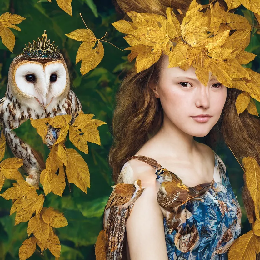 Image similar to portrait photograph of an extremely beautiful!!!! young female , symmetric face!, symmetric round detailed eyes!!, slight smile, natural light, wearing a yellow kimono!! with a very detailed barn owl! on her shoulder in a tropical greenhouse. looking at the camera!!. golden crown made of golden leaves. super resolution. Extremely detailed. Graflex camera!, bokeh!!!!!.