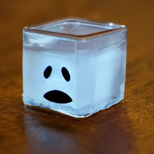 Image similar to an ice cube with a comically sad face crying