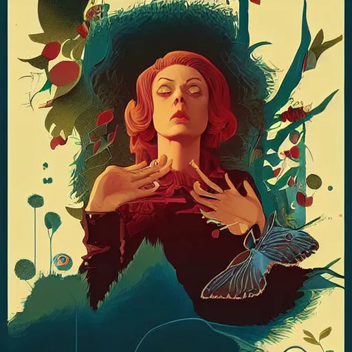 Image similar to poster artwork by Michael Whelan and Tomer Hanuka, Karol Bak of collective satori, from scene from Twin Peaks, clean, simple illustration, nostalgic, domestic, full of details