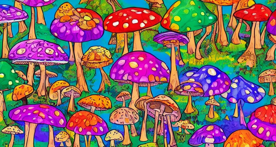 Image similar to A tribal village in a forest of giant mushrooms, by Lisa Frank,