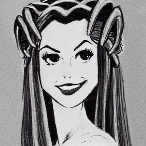 Prompt: milt kahl sketch of victoria justice with done up hair, tendrils covering face and ponytail as princess padme from star wars episode 3