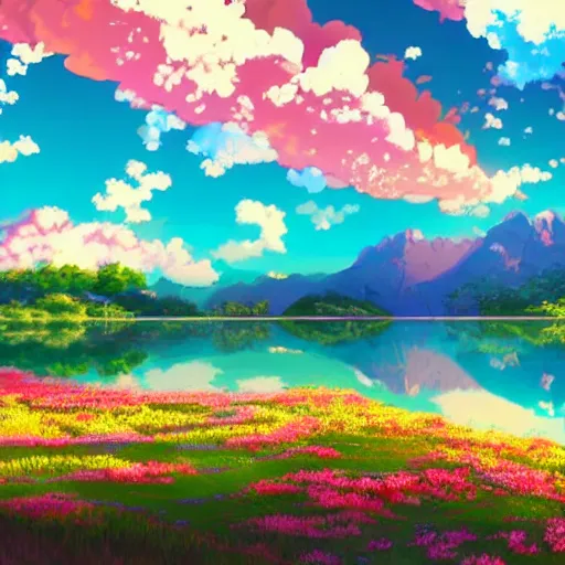 Prompt: anime key visual of a beautiful lake surrounded by vibrant flowers, forest scenery with mountains in the background, cumulus clouds in the sky, during sunset, anime style