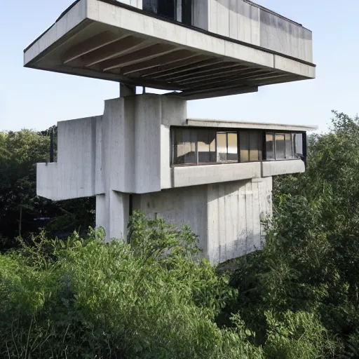 Image similar to second story cantilevered white brutalist elevated home on top of 2 large oblong piers
