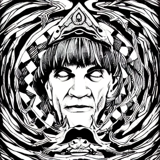 Image similar to black and white pen and ink!!!! Twin Peaks Black Lodge goetic George Harrison golden!!!! Vagabond!!!! floating magic swordsman!!!! glides through a beautiful!!!!!!! floral!! battlefield dramatic esoteric!!!!!! pen and ink!!!!! illustrated in high detail!!!!!!!! by Koyoharu Gotouge and Hiroya Oku!!!!!!!!! graphic novel published on 2049 award winning!!!! full body portrait!!!!! action exposition manga panel black and white Shonen Jump issue by David Lynch eraserhead and Frank Miller beautiful line art Hirohiko Araki