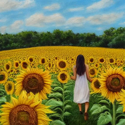 Image similar to a girl slowly walking through amazing tall sunflower field, her hair flowing down, subtle, intricate details, real masterpiece, oil on canvas, by somsak anong