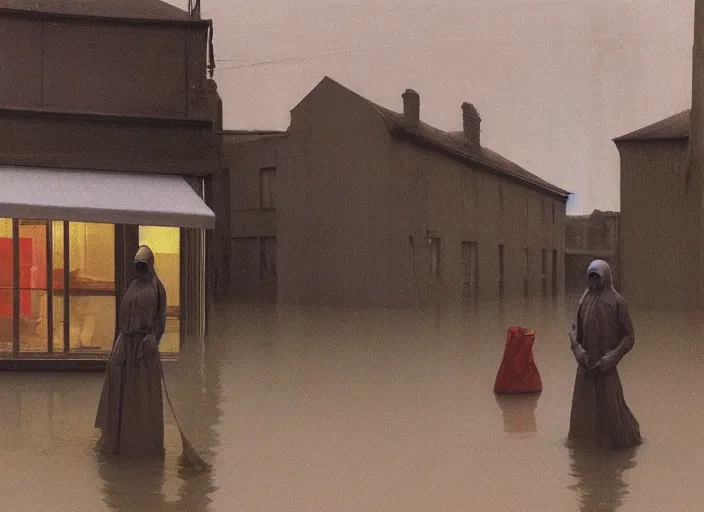 Image similar to woman dressed in plastic bags in paper bag over the head on flooded street Edward Hopper and James Gilleard, Zdzislaw Beksinski, highly detailed