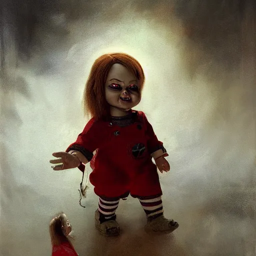 Image similar to the doll chucky as an angel described in the bible, oil painting, by greg rutkowski