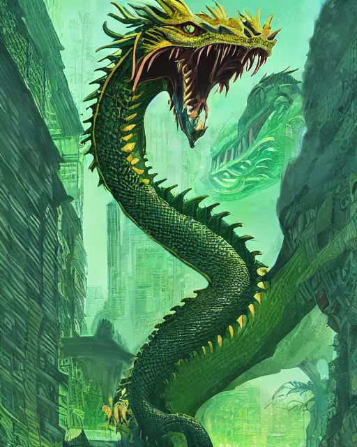 Image similar to a giant green dragon, digital art, illustrated by james gurney and victo ngai