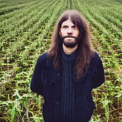 Prompt: long haired man inside a massive mushroom field