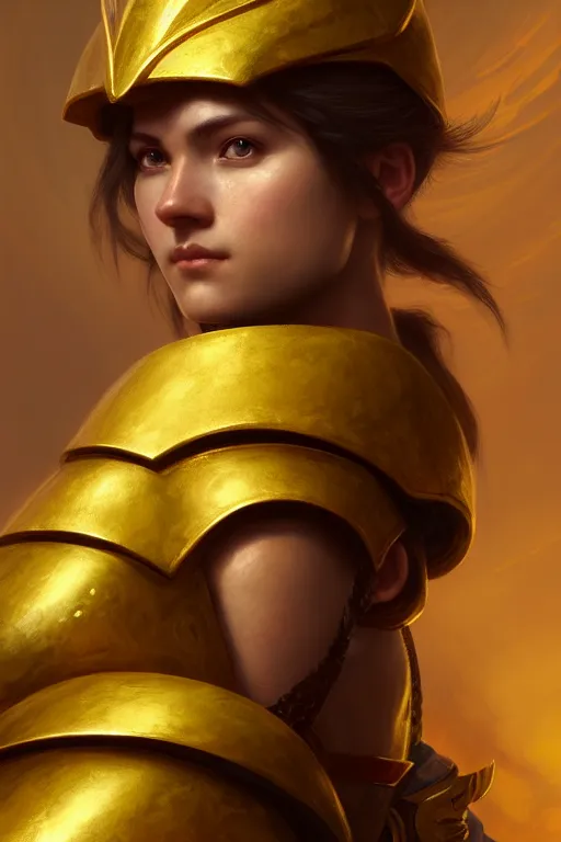 Prompt: a portrait of a warrior with golden armor, illustration, soft lighting, soft details, painting oil on canvas by Edmund Blair Leighton and Charlie Bowater octane render trending on artstation d&d characters, 4k, 8k, HD