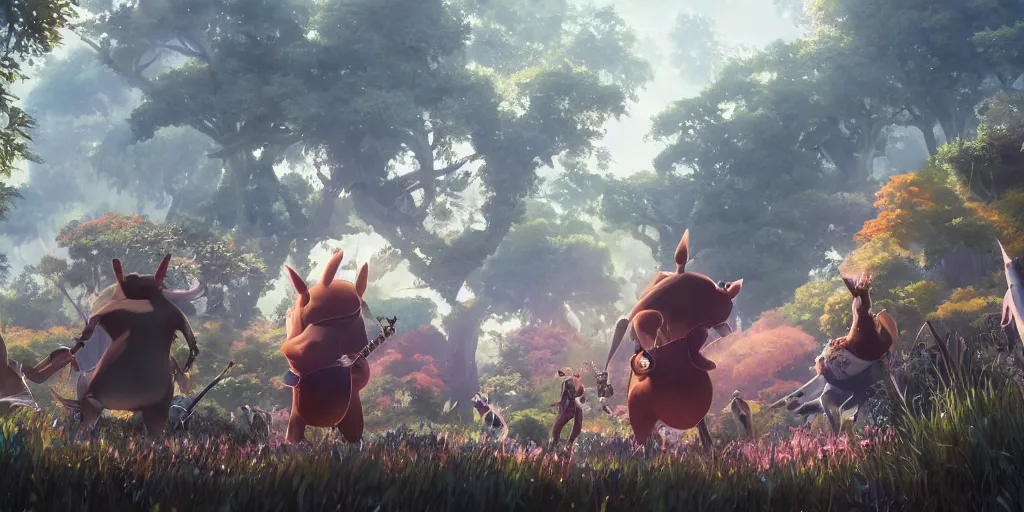 Prompt: a wholesome animation key shot of a band behemoth performing on stage, medium shot, studio ghibli, pixar and disney animation, 3 d, sharp, rendered in unreal engine 5, anime key art by greg rutkowski, bloom, dramatic lighting