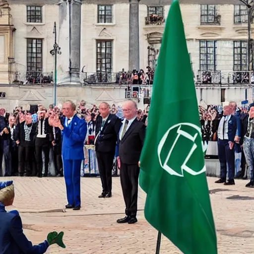 Prompt: king of sweden pledging his allegiance to the nato flag while hulk and the green lantern kneels beside him and the people are cheering down at the square