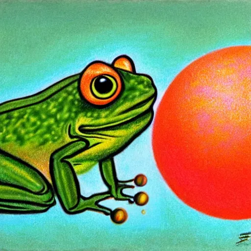 Image similar to zuma frog shooting balls from its mouth, with a colored ball on its back, surrealist pastel drawing