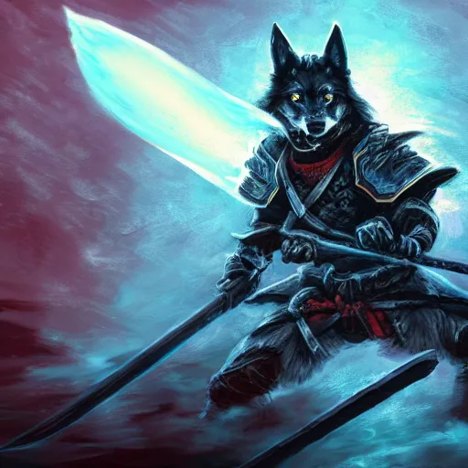 Image similar to anthropomorphic Azure samurai wolf, DnD character art portrait, fantasy battleground, raining, fire, oil painting, heroic pose, magic the gathering artwork, D&D, fantasy, cinematic lighting, centered, symmetrical, highly detailed, digital painting, artstation, concept art, smooth, sharp focus, illustration, volumetric lighting, epic Composition, 8k, art, DeviantArt, trending on Artstation, Jason Felix, Steve Argyle, Tyler Jacobson, Peter Mohrbacher, Akihiko Yoshida, Greg Rutkowski, Craig Mullins, Frank Frazetta, cinematic lighting