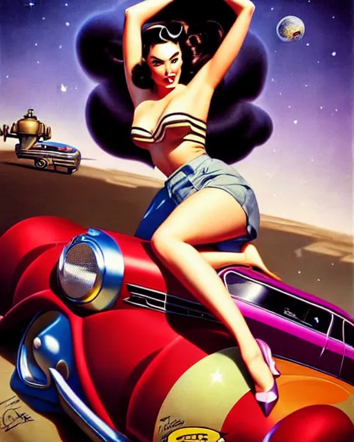 Prompt: beautiful retro space megan fox varga girl posing on a car in diesel punk city, windblown dark hair, retro pinup model, seductive, 1 9 4 0, hyper detailed, digital art, smooth, sharp focus, gil elvgren, anna dittmann alberto vargas,