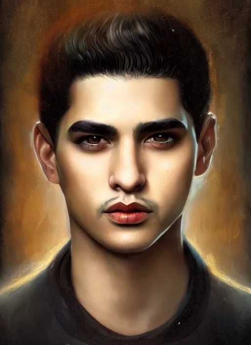 Image similar to a magical portrait of a handsome latino male gang member with dark brown eyes and short blackhair, art by manuel sanjulian and tom bagshaw