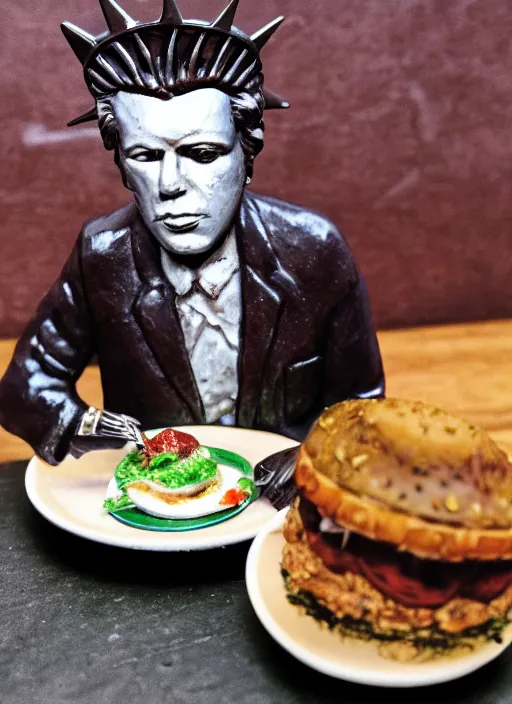 Image similar to Tom Waits eating a miniature Statue of Liberty on a plate in a restaurant, color photograph portrait 4k