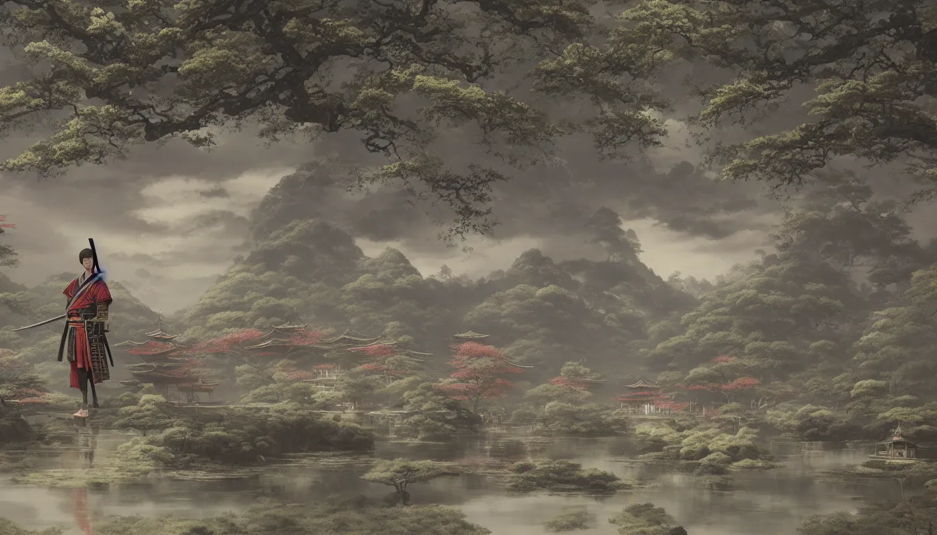 Image similar to a detailed matte painting of a Samurai holding a katana, Shinto temple in the background, Sakura garden, art by Greg Rutkowski, highly detailed, 8k