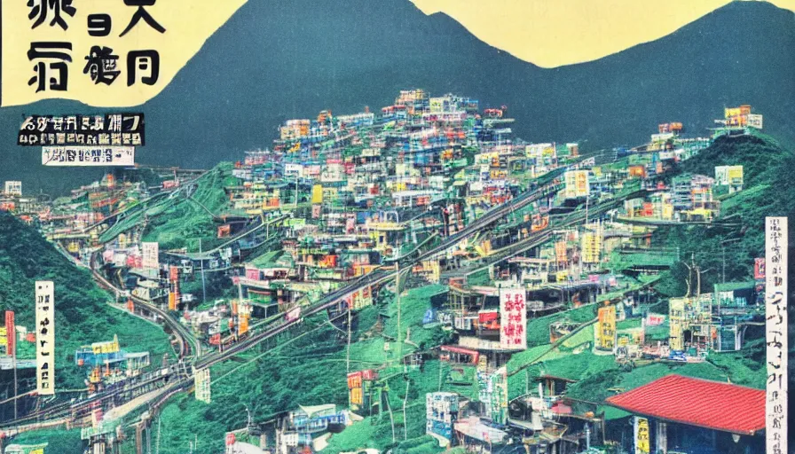 Image similar to A 1980s Japanese advertisement for a futuristic dream mountain town eco city themed like Jiufen, cable cars, flying cars, escalators, colorful