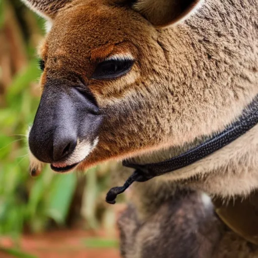 Prompt: a close up photograph of anthropomorphic samurai Kangaroo, Jungle Background, 40mm lens, focused