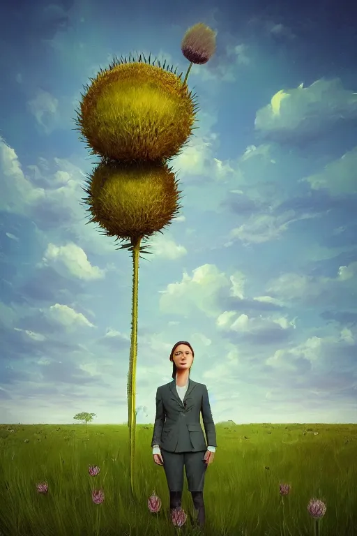 Prompt: portrait, enormous thistle flower under the head, girl in a suit in field of a flowers, surreal photography, sunrise, blue sky, dramatic light, impressionist painting, digital painting, artstation, simon stalenhag