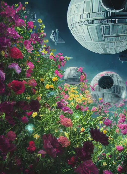 Image similar to An epic fantastic realism comic book style painting of the Death Star made of the most beautiful flowers, fisheye lens, unreal 5, DAZ, hyperrealistic, octane render, dynamic lighting