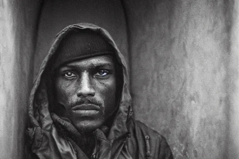 Prompt: a cinematic!! headshot photograph!! of a beautiful homeless war veteran, stood in a tunnel, rain, film still, cinematic, dramatic lighting, by bill henson