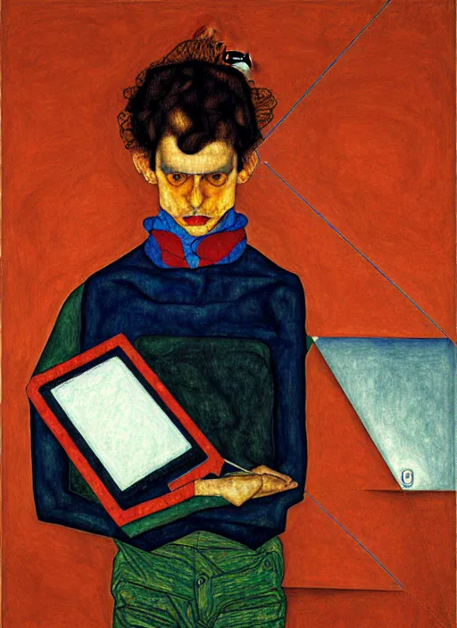 Prompt: mexican creative coder with a computer in geometric harmony, by egon schiele and quint buchholz, portrait, colorful, escher++, detail