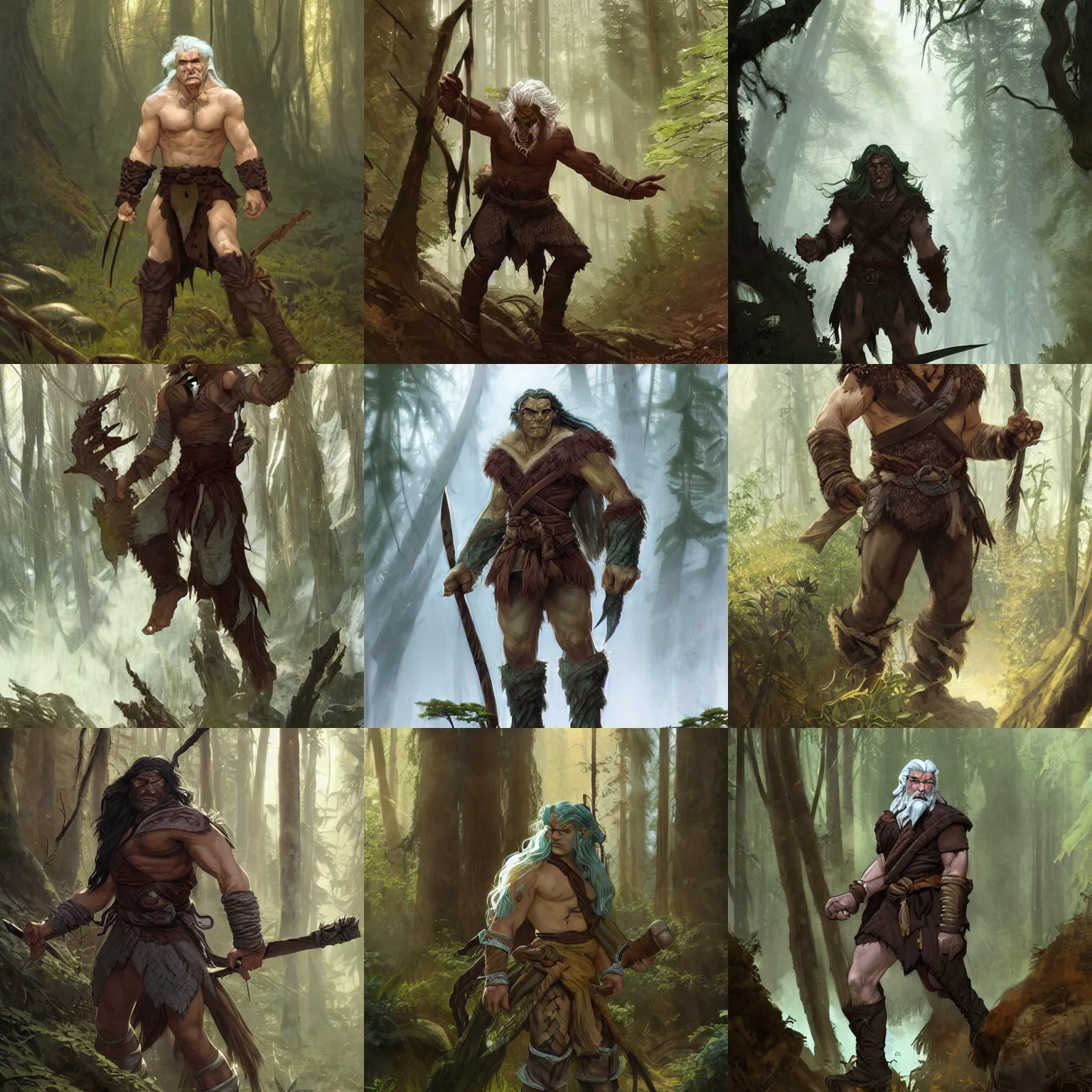 Prompt: a ruggedly handsome half - orc fighter with brown hair and a graceful noble high - elf wizard with white hair exploring a forest, fantasy, highly detailed, digital painting, artstation, concept art, character art, art by greg rutkowski and tyler jacobson and alphonse mucha