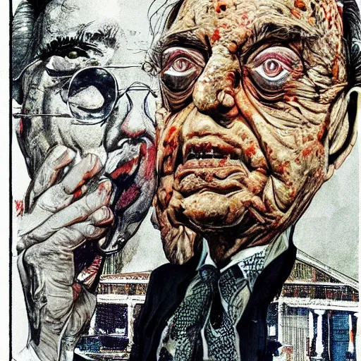 Image similar to George Soros full body shot, dollar bills Body horror, biopunk, by Ralph Steadman, Francis Bacon, Hunter S Thompson