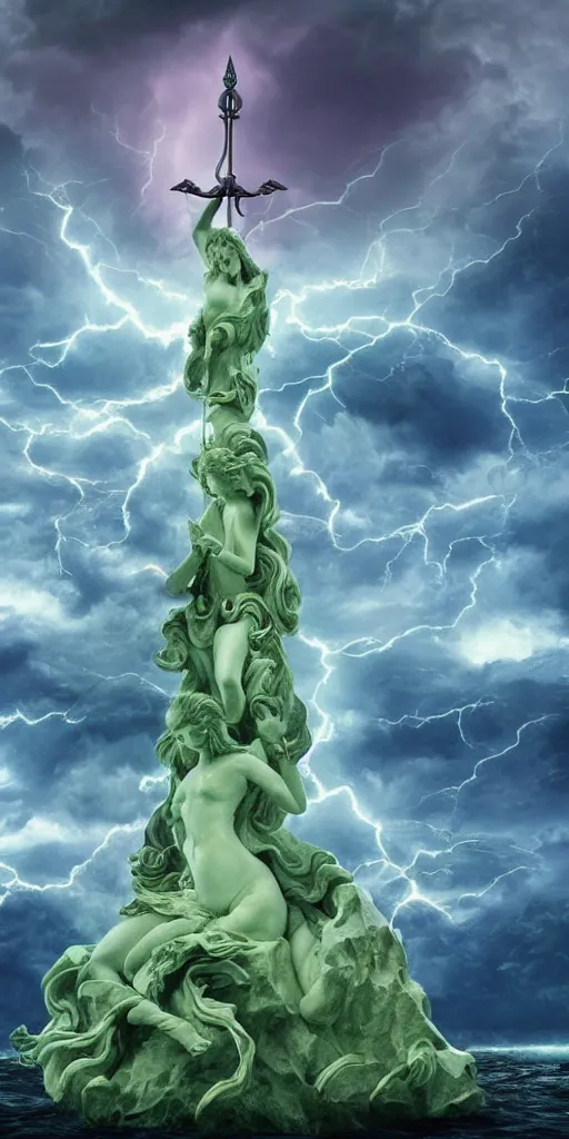 Prompt: gigantic marble statue of the goddess of the sea wielding a trident on an island. roiling waves at the base. scene lit by lightning. thunderclouds in the background. fantasy setting. magicians praying to the statue. purples and greens. fantasy aesthetic. extremely detailed. 4 k. digital art.