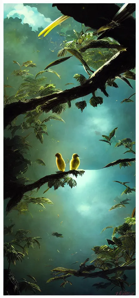 Prompt: birds in the cloud forest, scifi. gouache and gold leaf work by the award - winning mangaka, bloom, chiaroscuro, backlighting, depth of field.