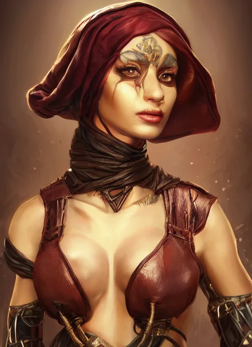 Image similar to Beautiful Arab girl with chest wrapped in bandages, leather, portrait, fantasy, medieval, vivid colors, fantasy, elegant, concept art, sharp focus, beautiful face, digital art, Hyper-realistic, 4K, Unreal Engine, Highly Detailed, HD, Dramatic Lighting by Brom, trending on Artstation