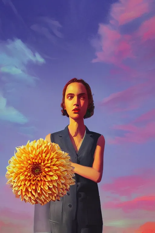 Image similar to closeup giant dahlia flower head, girl in a suit, street, surreal photography, blue sky, sunrise, dramatic light, impressionist painting, digital painting, artstation, simon stalenhag