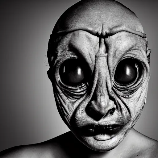 Image similar to artistic photoshoot of a mothan hybrid, grotesque, body horror, mutant shaming, creepy, terrifying, 8 k hdr 8 0 mm wide angle portrait, high contrast black and white, insectoid n