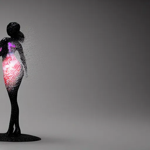 Image similar to 3 d fluid simulation render, octane render, xparticles, black color, female body, abstract sculpture