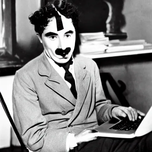 Prompt: an old photo of charlie chaplin using a laptop