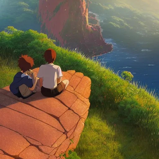 Prompt: a couple sitting over the precipice, looking at sunset, studio ghibli, pixar and disney animation, sharp, rendered in unreal engine 5, anime key art by greg rutkowski, bloom, dramatic lighting 1 0 2 2 5 5